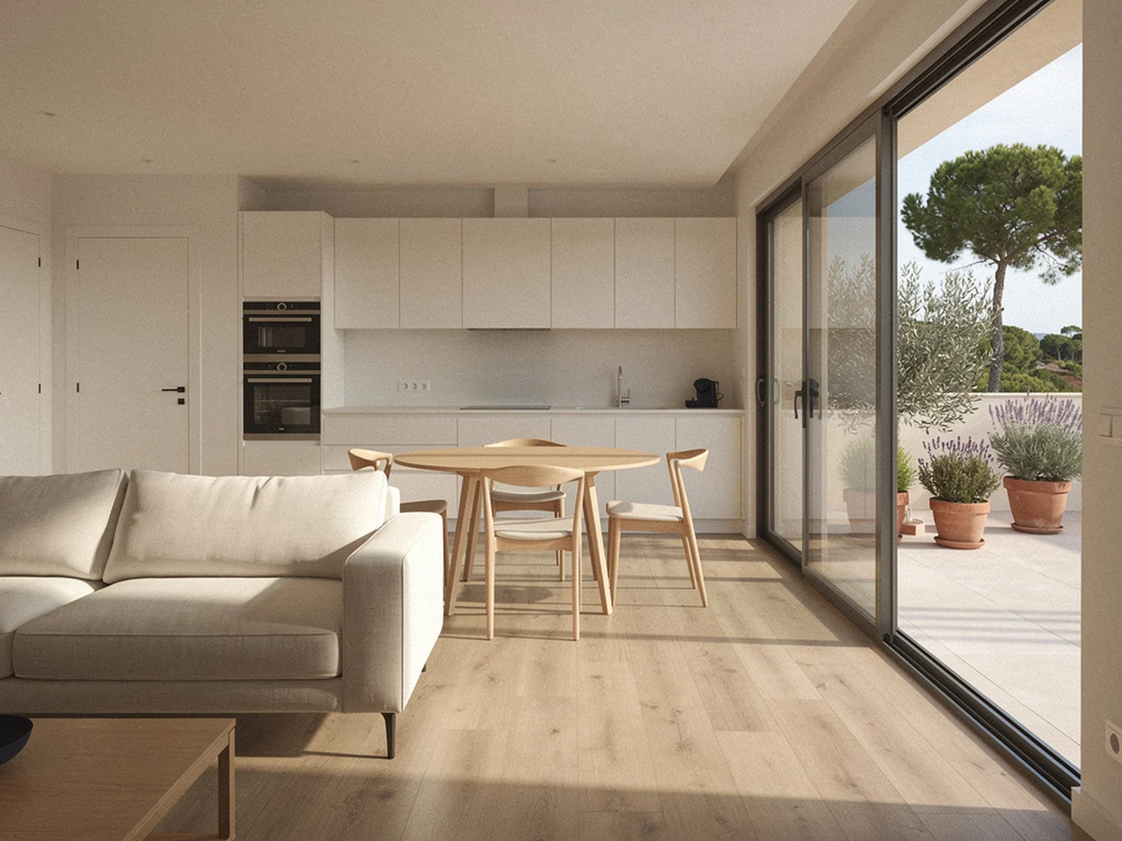 Salón-comedor-cocina en una sola pieza. Imagen de proyecto.
