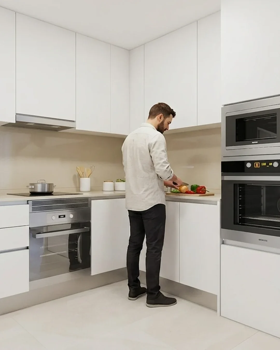Cocina en L abierta al salón. Imagen de proyecto.