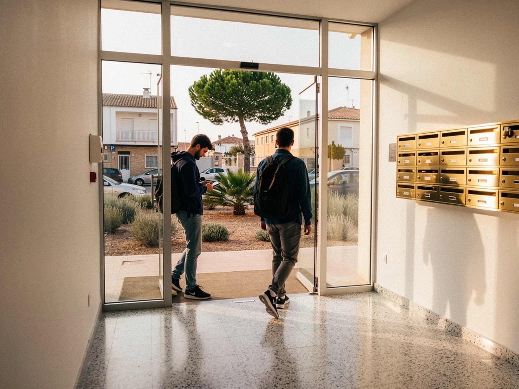 Portal de un edificio residencial de obra nueva. Imagen de proyecto.