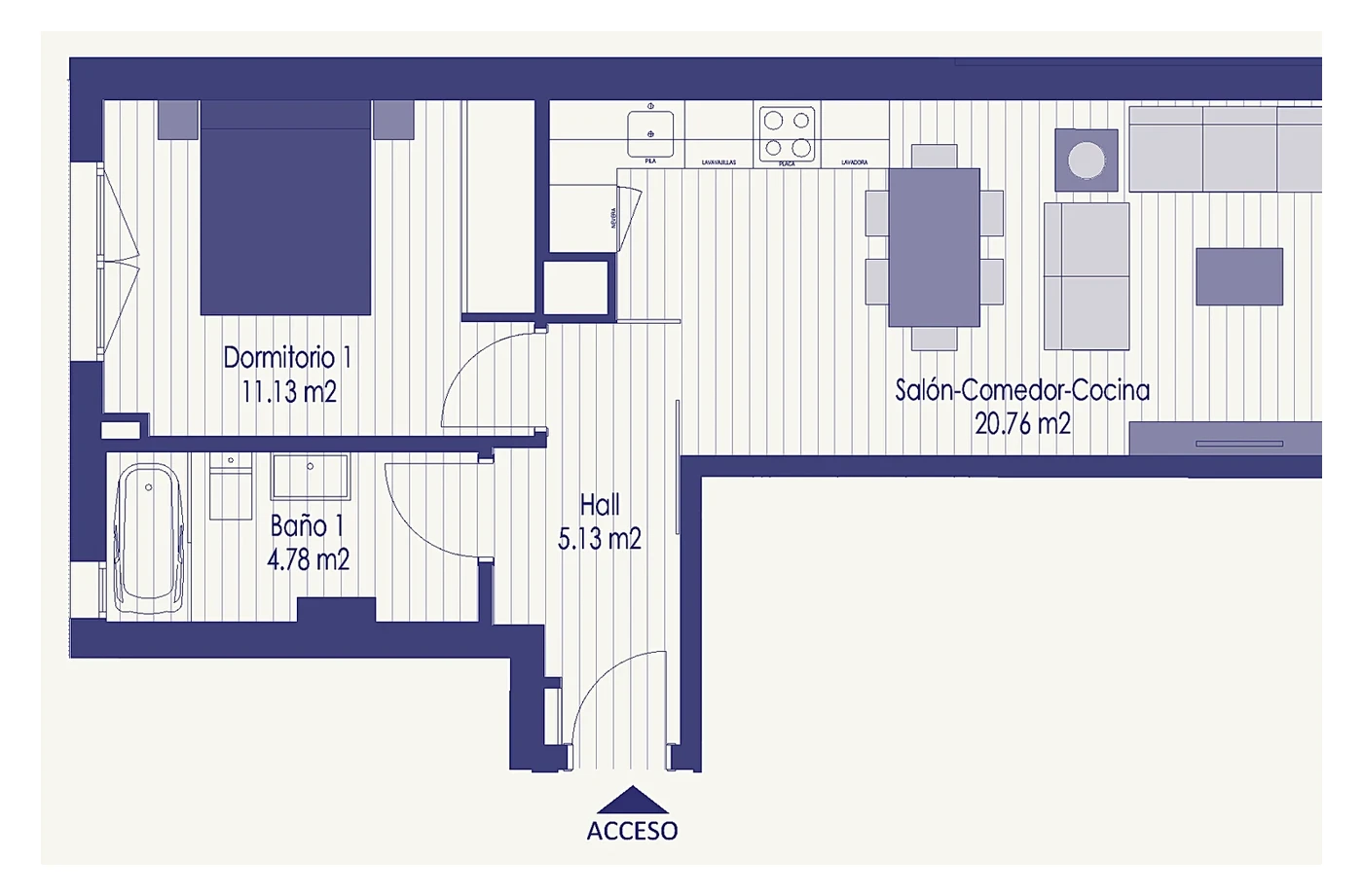 Plano de la vivienda de 1 dormitorio. Plano oficial del proyecto.