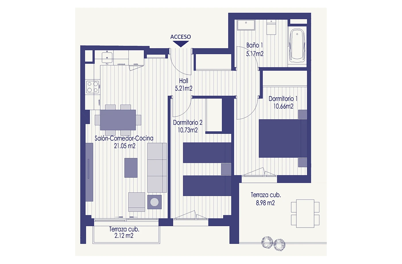 Plano de la vivienda de 2 dormitorios. Plano oficial del proyecto.