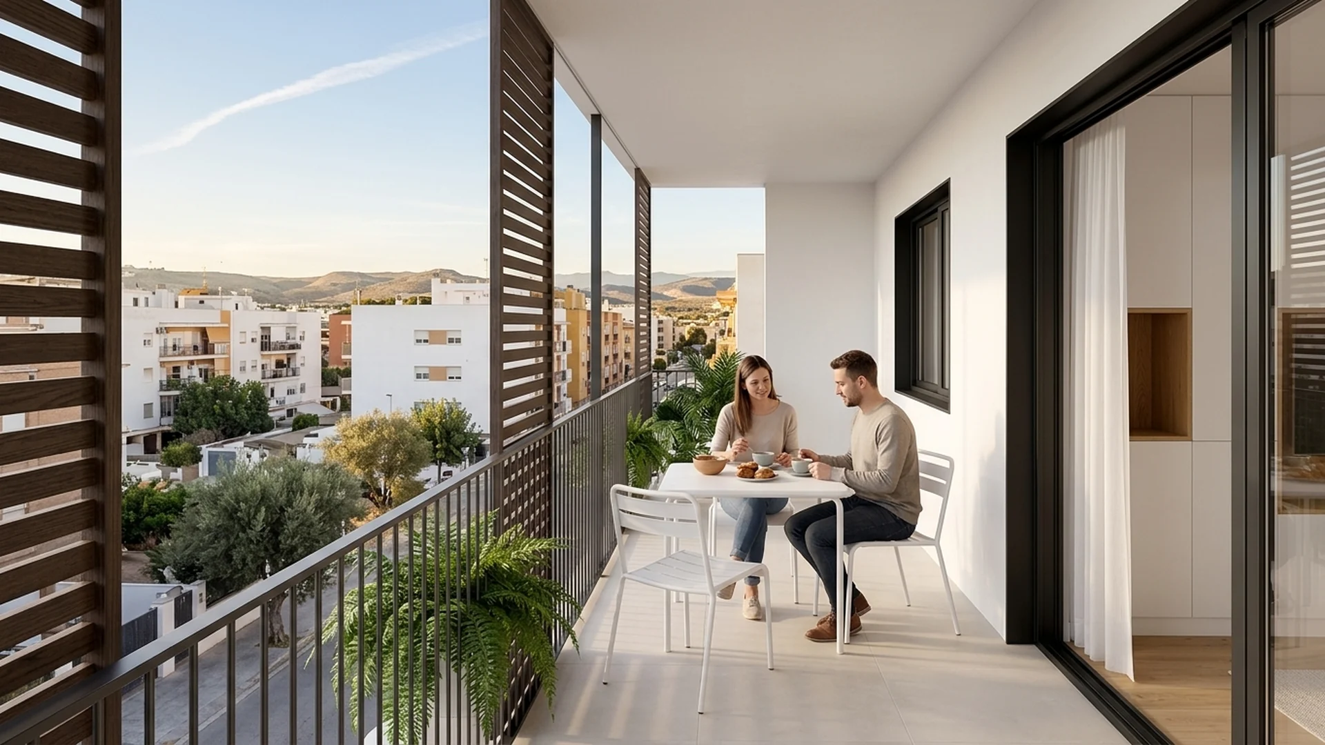 Terraza cubierta con celosía de madera. Imagen de proyecto.